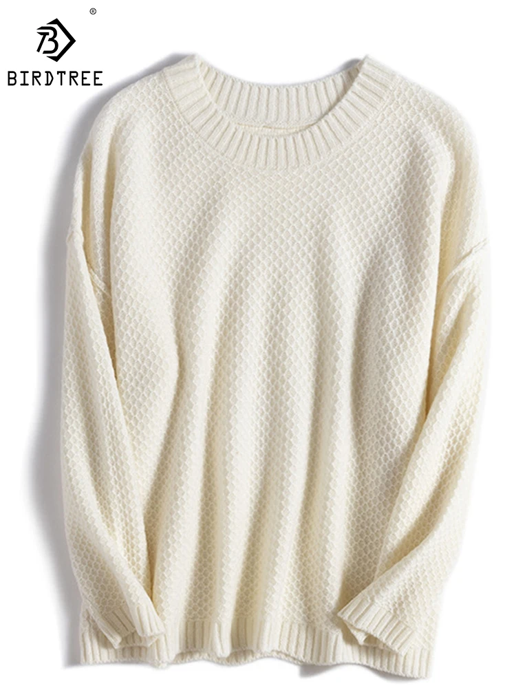 

Birdtree 100%Wool Pullover Women Round Neck Solid Loose Slim Slouchy Style Versatile Comfortable Sweater Fall Winter T41344QD