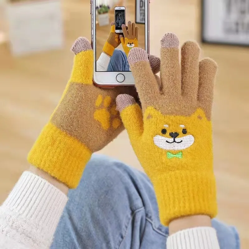 Warm Fluffy Shiba Inu Gloves Cute Cartoon Dog Touchscreen Winter Warmer Women Full Finger Glove Soft Knitted Wrist Mittens 4