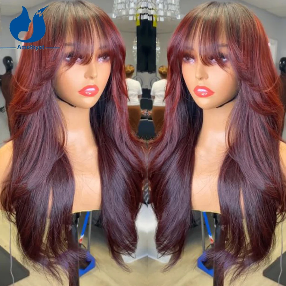 

Amethyst Burgundy 5.5x4.5 Pu Silk Base Lace Colsure Human Hair Wig with Bangs Brazilian Remy 99J Red Wave Wig Dark Root Ombre