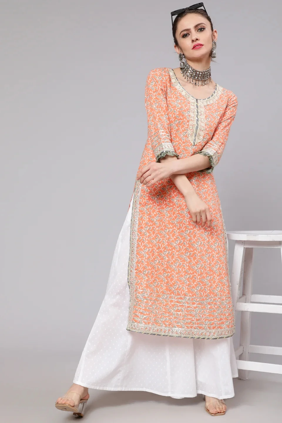 

India Women Shirt Kurta Long Orange Traditional Spring Tops