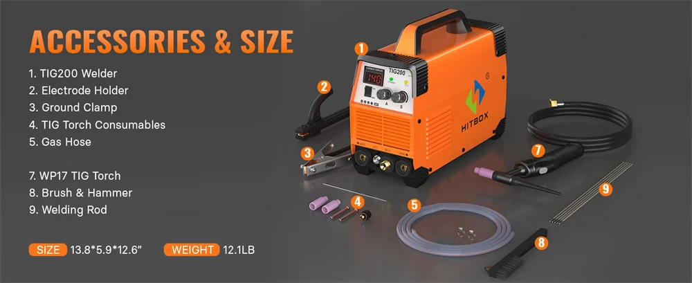 HITBOX TIG200 2 in 1 Welding Machine MMA/HF TIG Arc Force Hot Start IGBT Inverter Stick Welder for Outdoor Home DIY 220V AU Plug