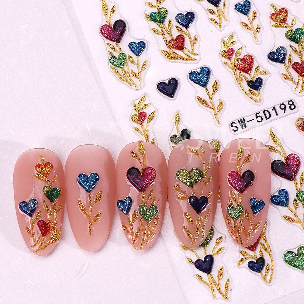 1/3pcs 5D Glitter Love Heart Nail Stickers Adhesive Bohemian Sun Moon Star Nail Slider Decals Valentine's Day Manicure DIY Decor