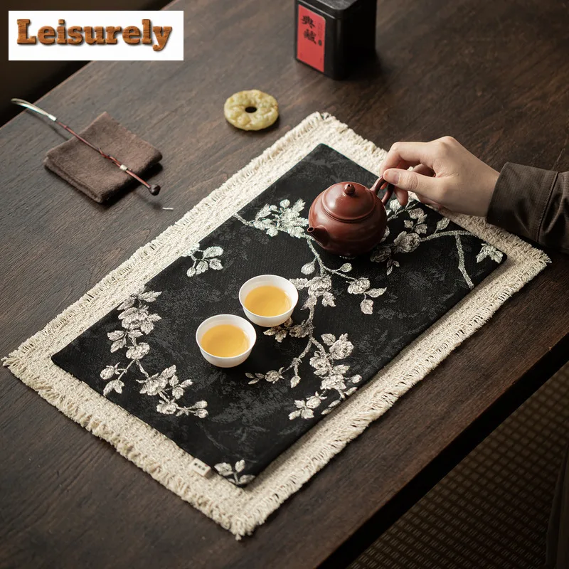 Embroidered Brocade Double-sided Tea Table Mats Ancient Tea Flag Drink Coaster Dinner Table Cloth Mat Chinese Tea Set Decoration