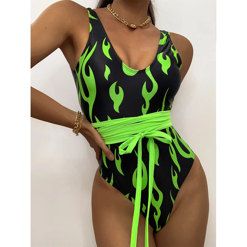 

Sexy one piece suit Yellow fire print swimwear women High cut retro monokini one-piece swimsuit female bathing suit new