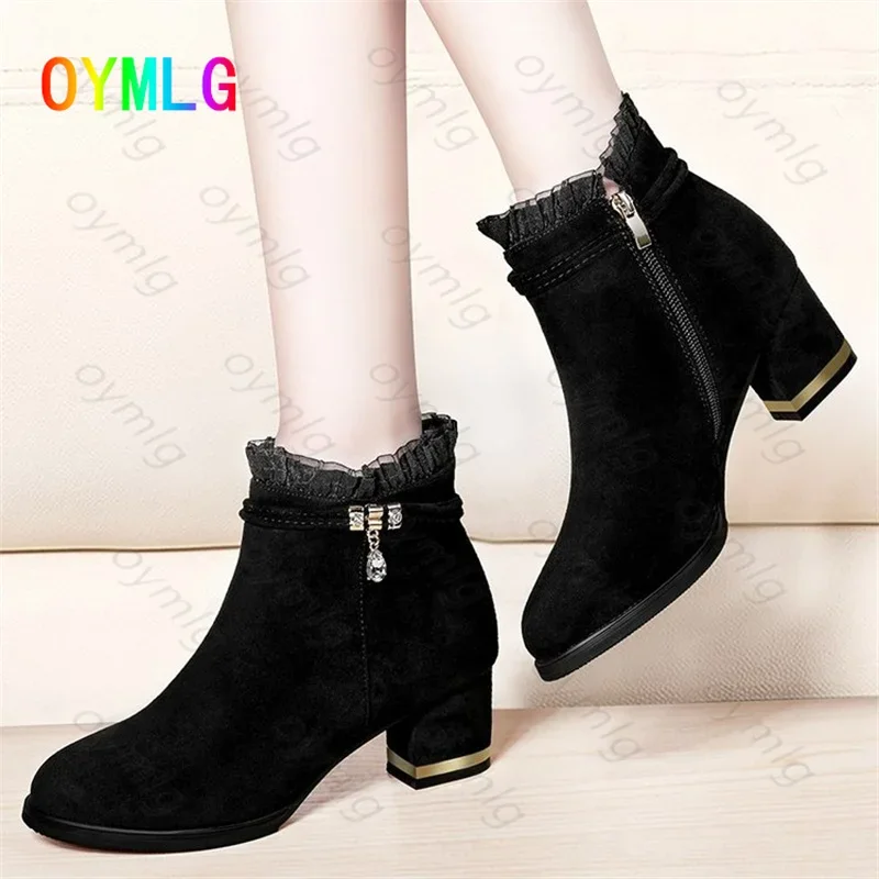 2021 spring, autumn and winter suede short boots thick heel women's boots sexy lace wild side zipper nude boots womens shoes