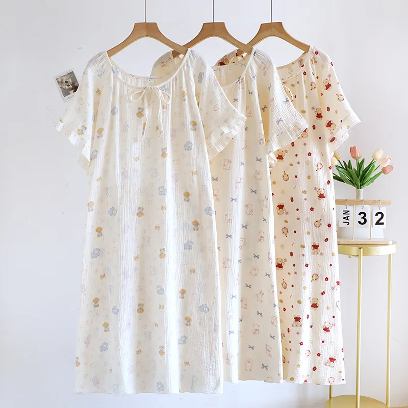 Ladies' Cotton Cloth Sleeping Dresses for Spring and Summer Newest Loose Home Clothes Cute Sweet Women Nightwear Clothes