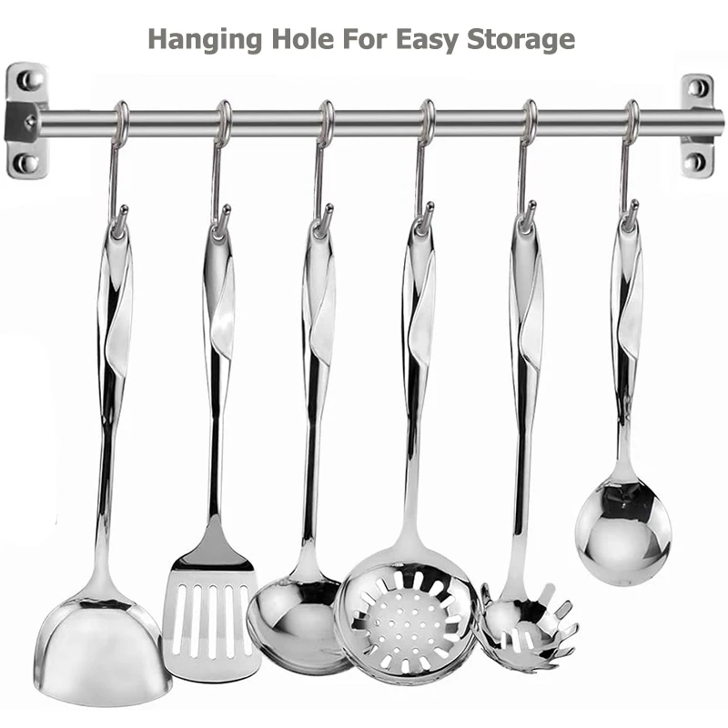 Kitchen utensils 1/6Pcs Stainless Steel Cooking Tools with Heat-resistant Handle-Turner Soup Spoon Strainer Pasta Server