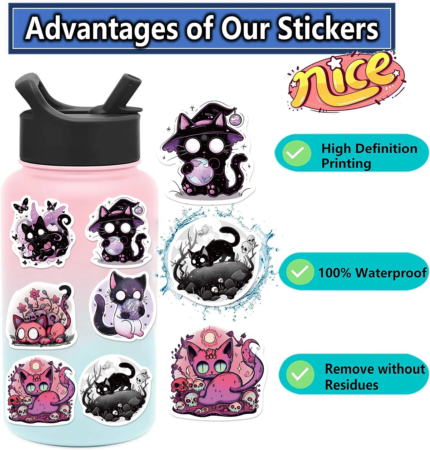 Cat Stickers Waterproof Vinyl Stickers for Water Bottle Laptop Phone Skateboard 50PCS