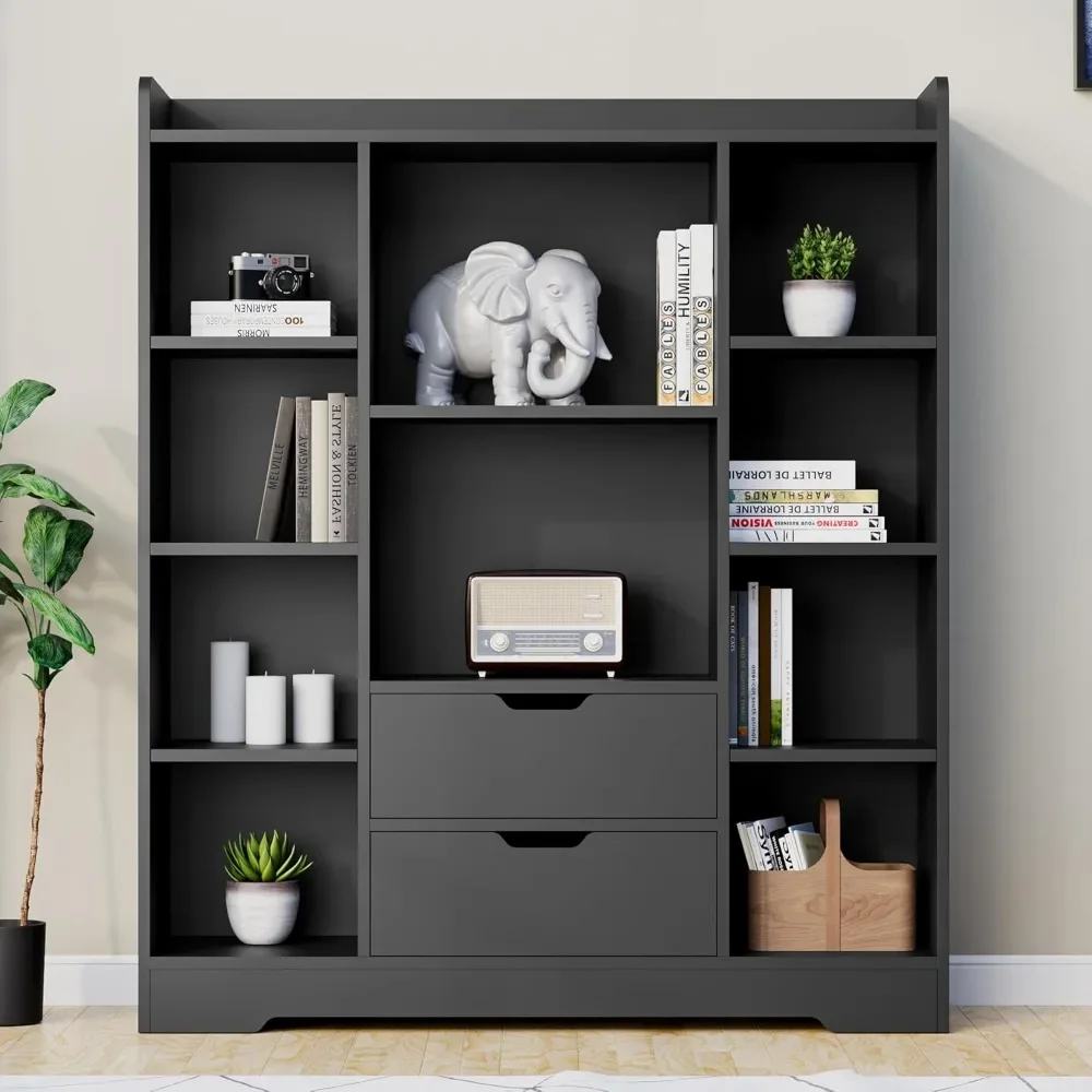Bookshelf, 4-Tier Open Shelf Bookcase with 2 Drawers and 10 Cubes, Wood Cube Storage Organizer Shelf, 39.4" W X 47.2" H 3