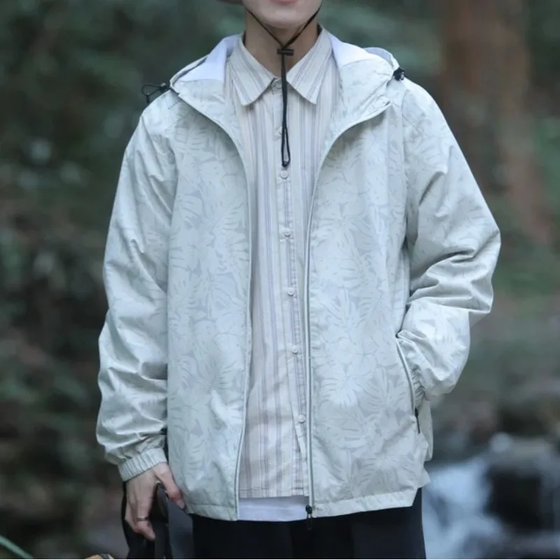 Spring Autumn Men's Hooded Printed Solid Zipper Drawstring Cardigan Pockets Long Sleeve Loose Jackets Coats Fashion Casual Tops
