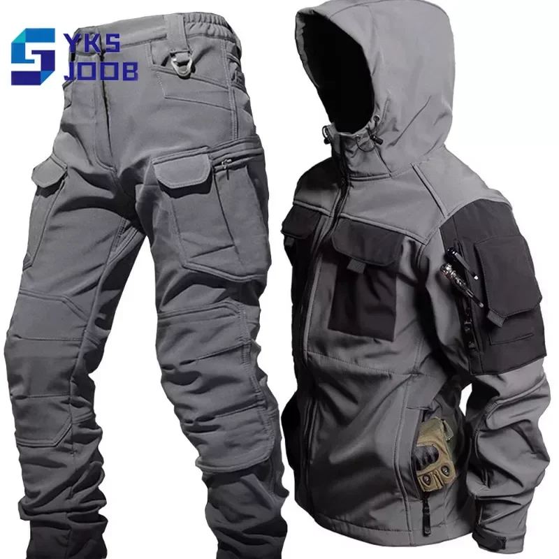 

Hooded Waterproof Tactical Set Men Outdoor Soft Shell Shark Skin Windproof Warm Jacket Cargo Pant Suit Male Multi-pocket Uniform