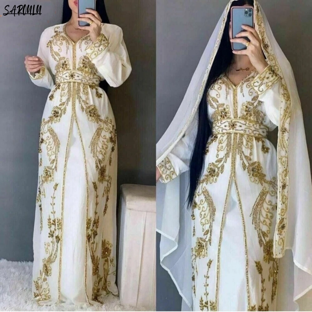 

Caftan Dress Long Sleeve Saudi Prom Dress Dubai Moroccan Kaftan Elegant V Neck Evening Dress Arabic Women Formal Dress Plus Size