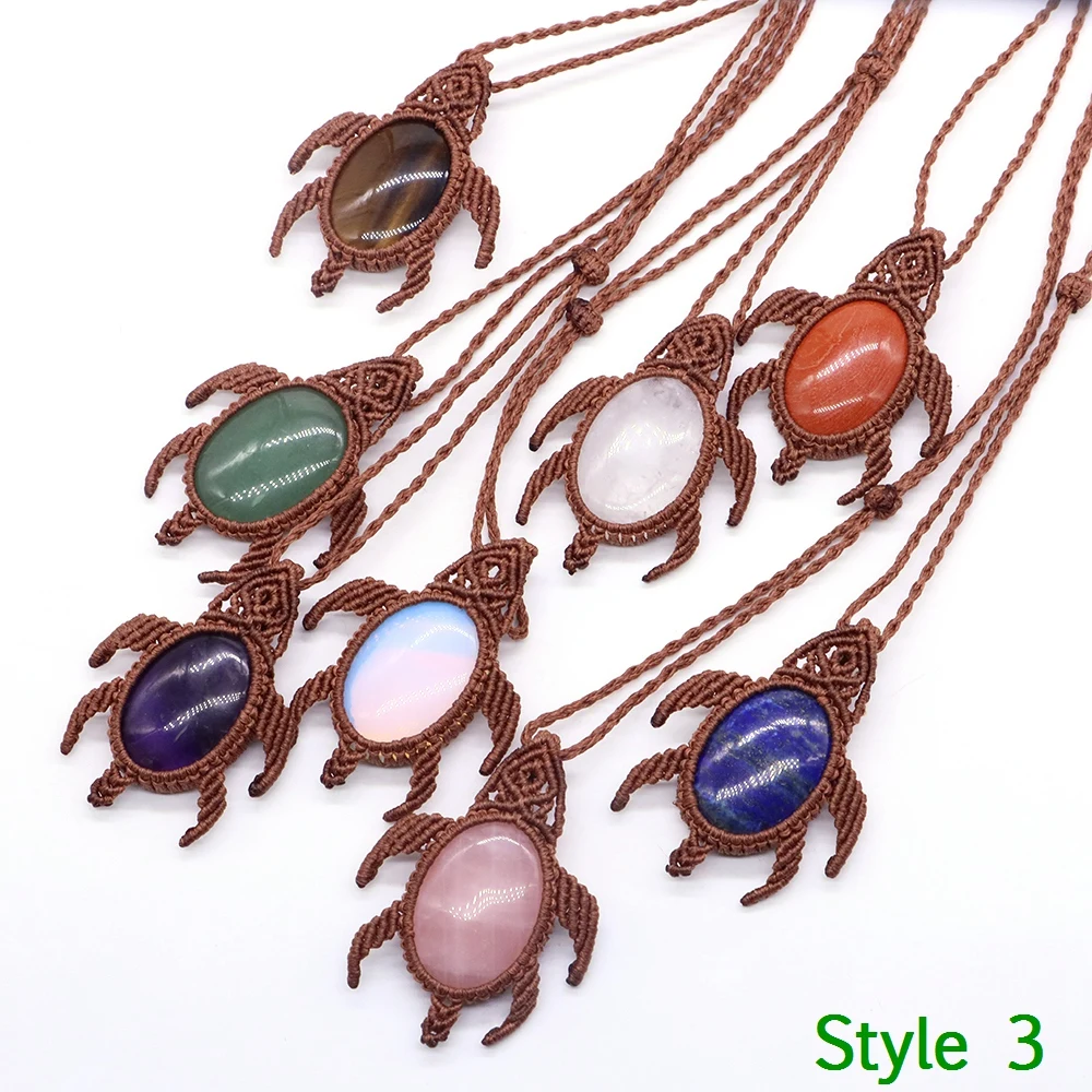 Natural Stones Crystals Hand Carved Tear Water Drop Turtle Pendant Thread Rope Wrap Necklace Jewelry Crystals Healing Gemstone