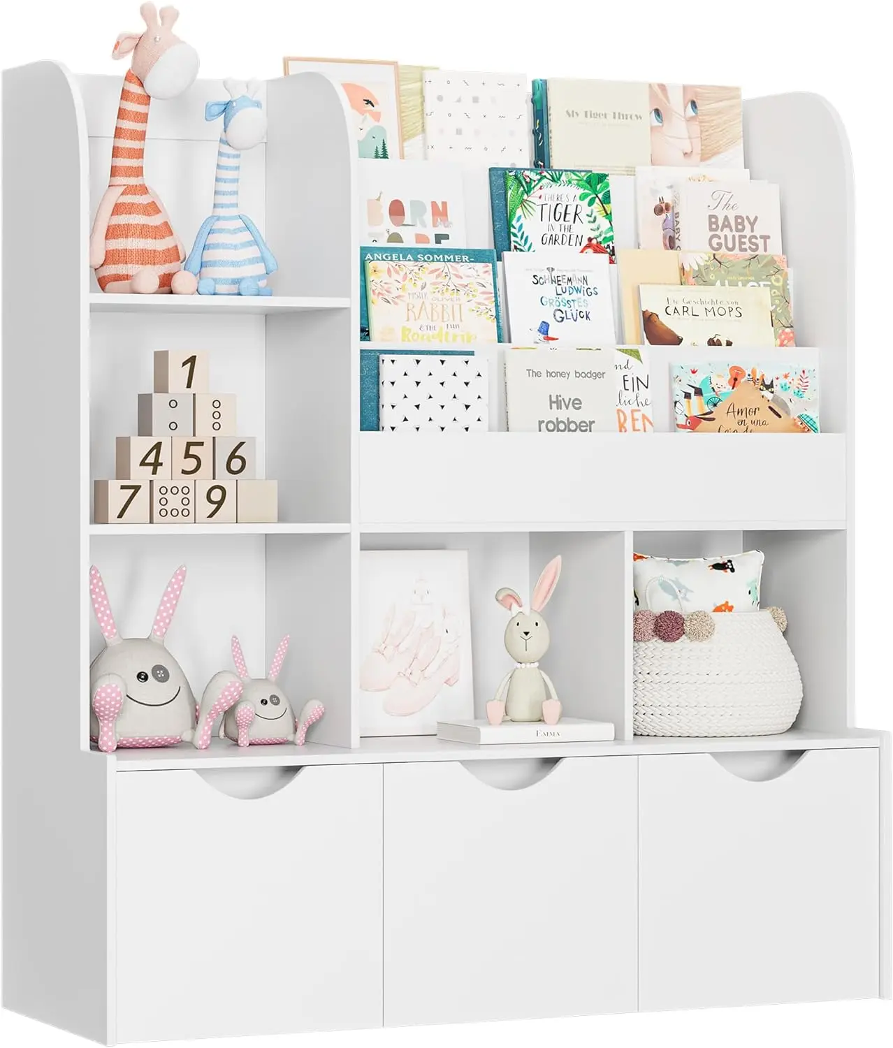 Kids Bookcase and Bookshelf Multifunctional Bookcase with 5 Storage Cubbies and 3 Movable Drawers Organizer 47"