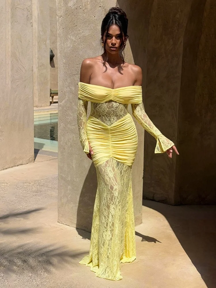 Wmstar Dress Wholesale Women Dresses with Lace Patchwork One Shoulder Slit Long Sleeved Pleated Long Skirt One Pieces 2025