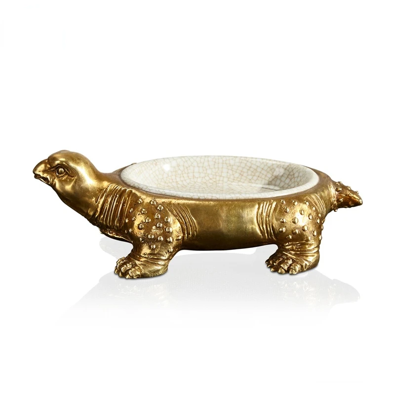 

European-Style Ceramic Inlaid Copper Golden Turtle Ashtray Home Table Decorative Ornaments