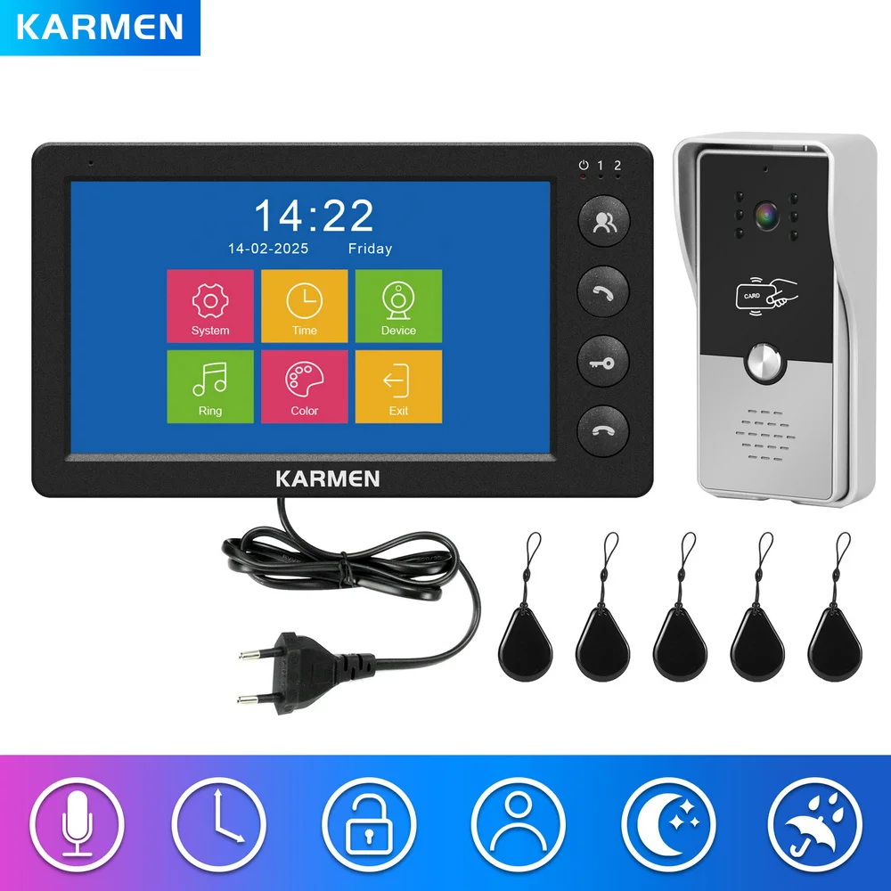 KARMEN Wired Video Doorbell Intercom System for Home Videophone Apartment Door Phone with Screen 7 Inch RFID Call Panel Unlock