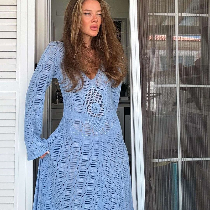 Elegant Knit Long Dress Women Sexy Slim Round Neck Hollow Vestidos Female Fashion Autumn Solid Lady Holiday Beach Robe