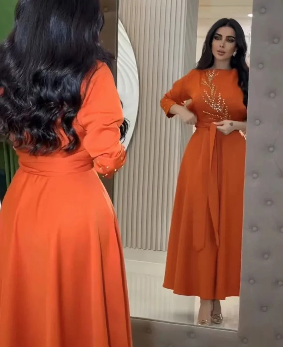 

Saudi Arabia Prom Dresses Crew Beaded Long Sleeves orange Crystals Women Evening Gowns A Line Formal Party Dress