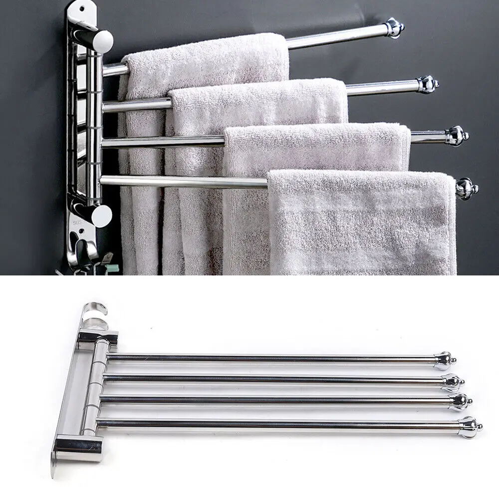 4 Swivel Bar Towel Holder Bathroom Wall Mount Towel Rack Rail Stainless Steel