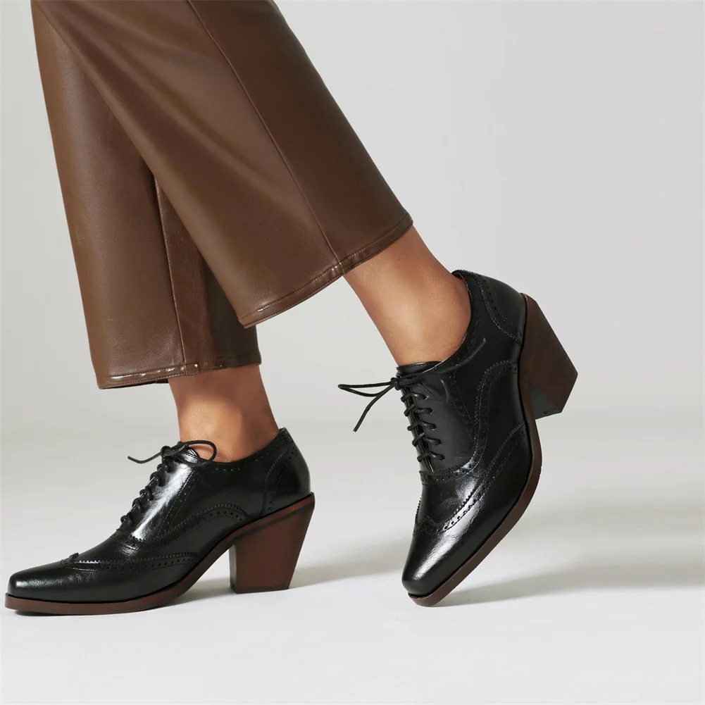 Plus Size 48 New Ladies Solid Oxfords Pumps Fashion Buckle Lace-up Chunky High Heel women's Pumps Party Office Retro Woman Shoes