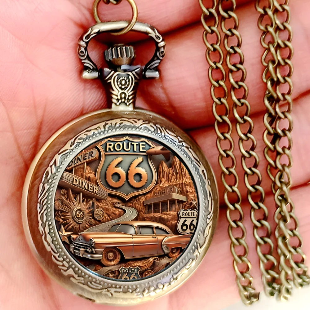 The Vintage Classic Car Route 66 Rest Station Women Men Students Dress Necklace Keychain Hang Flip FOB Pocket Watches Party Gift