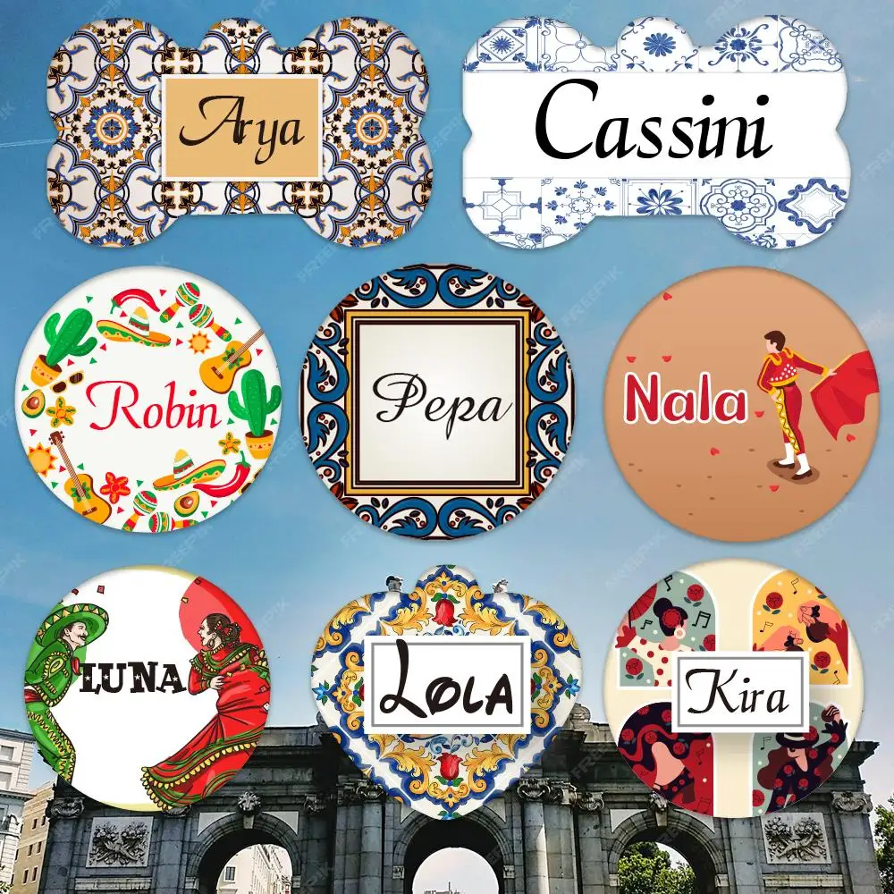 

Customizable Dog Tag with Name and Address on Both Sides and Spain Design UV Printing on Stainless Steel 10 Patterns Available