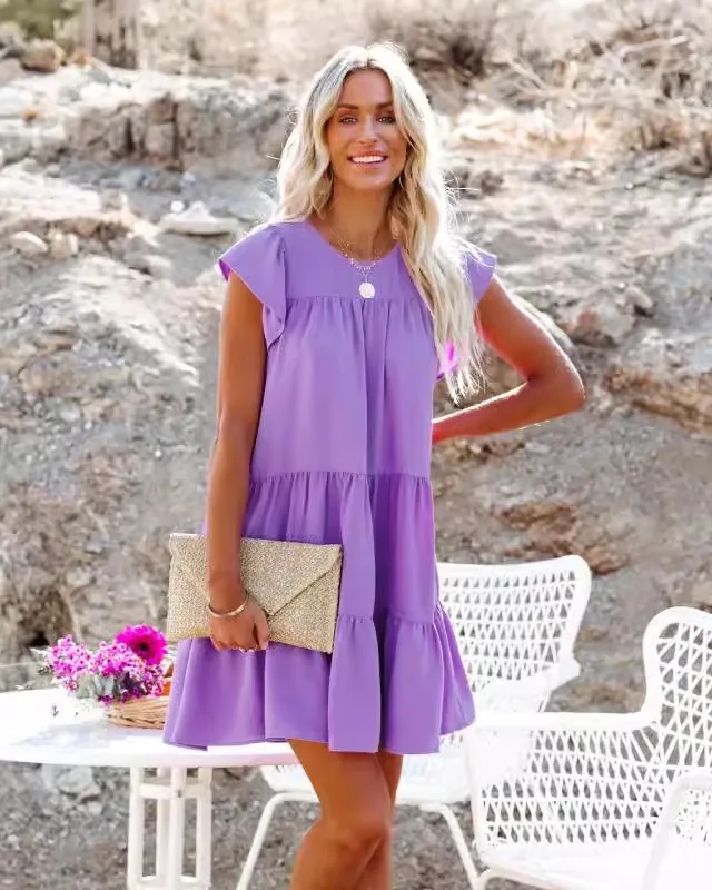 

Women's new pleated loose solid color short sleeved dress with a stylish and versatile style for commuting