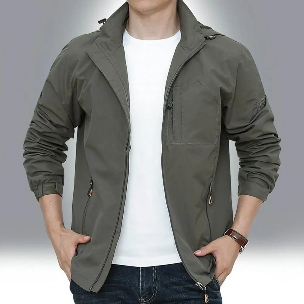

Autumn Men Solid Color Hooded Coats Long Sleeve Zipper Placket Pockets Thin Windproof Sports Jackets for men jaqueta masculina