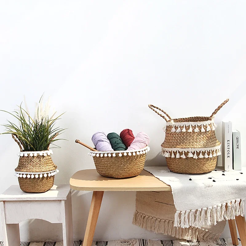Handmade Bamboo Storage Baskets Foldable Laundry Straw Patchwork Wicker Rattan Seagrass Belly Garden Flower Pot Planter Basket 4