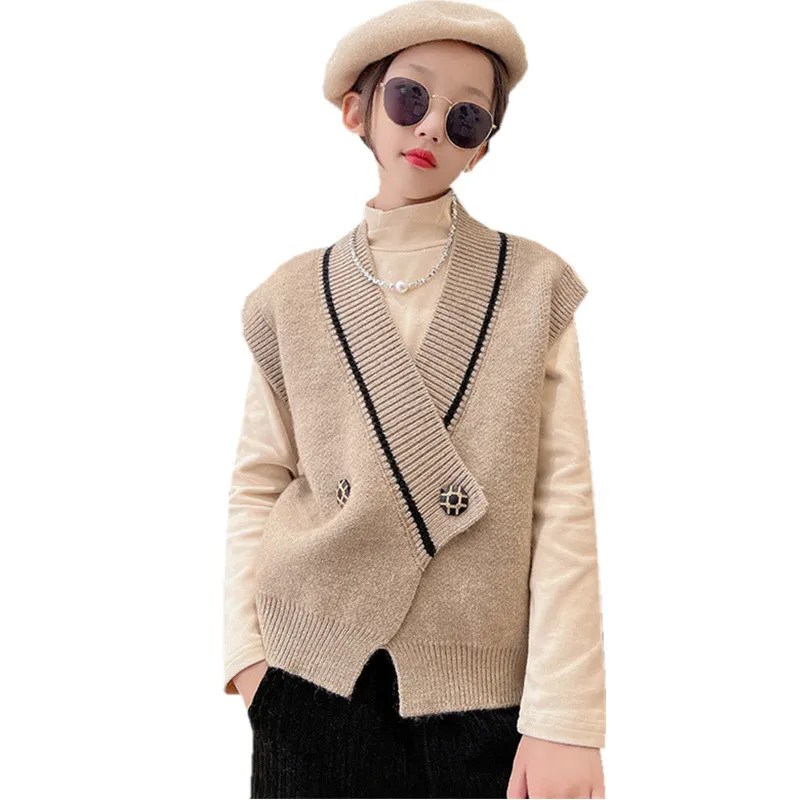 

Korean Style Spring Autumn Baby Girls Vest Knitting V-Collar Sleeveless Double-Breasted Waistcoat Sweater Soft Clothes 4-13Years