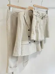 Spring 2024 B*C Women's Pants Suit Linen Blazer Jacket + Shorts + High Waist Trousers 3 Piece Set Female Clothing