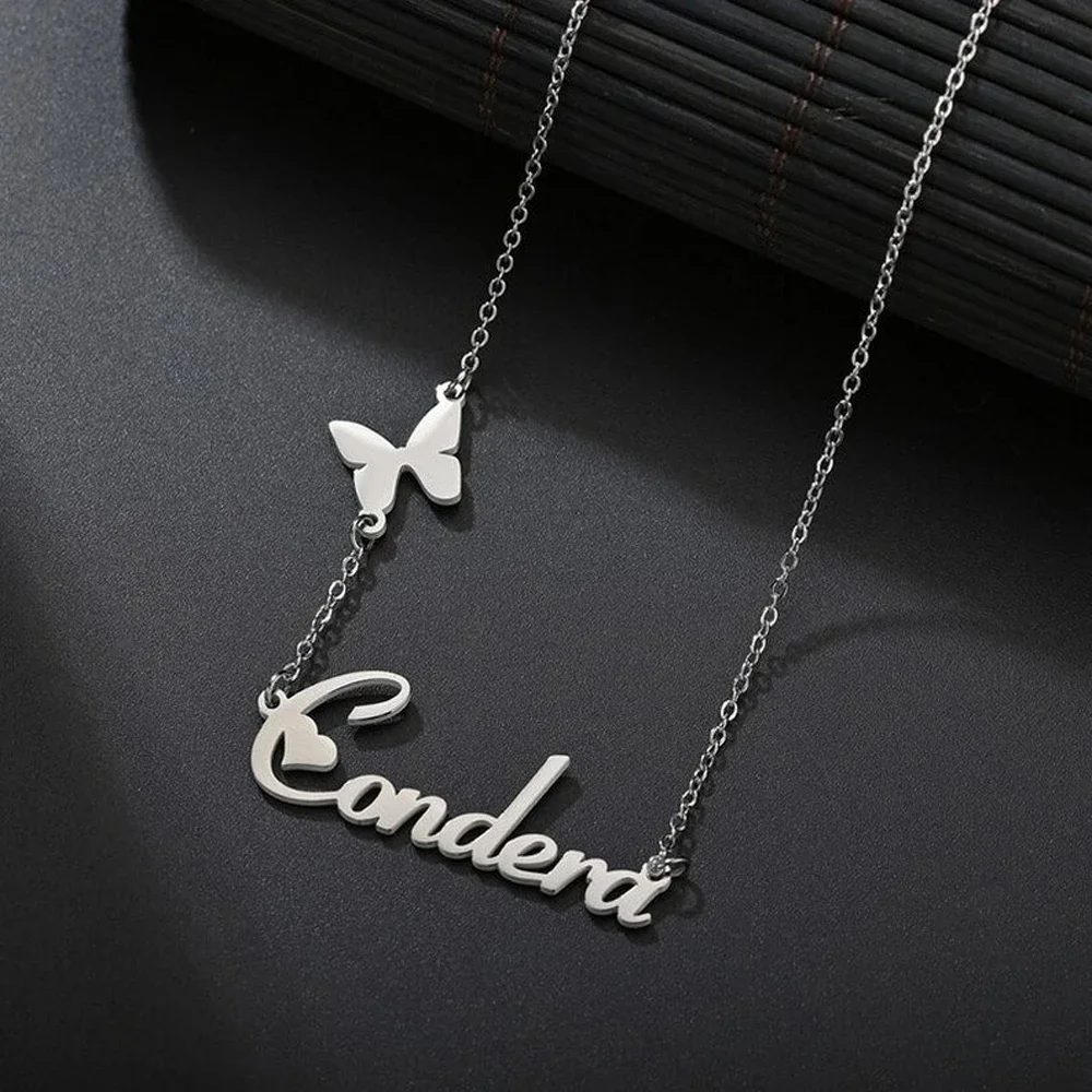 Nome personalizado pingente de borboleta colar de aço inoxidável para a mulher moda ouro jóias pescoço corrente presente colar nombre