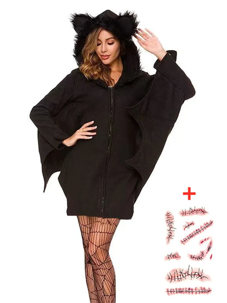 Halloween Sexy Women Black Bat Cosplay Costume Role Play Performance Outfit Zip-Up Hooded Bat Performance Suit for Carnival