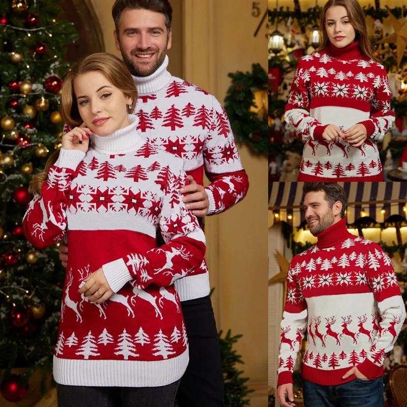 

New Year's Clothes Women Men Matching Sweaters Christmas Family Couples Jumpers Warm Thick Casual Turtleneck Knitwear Xmas Look
