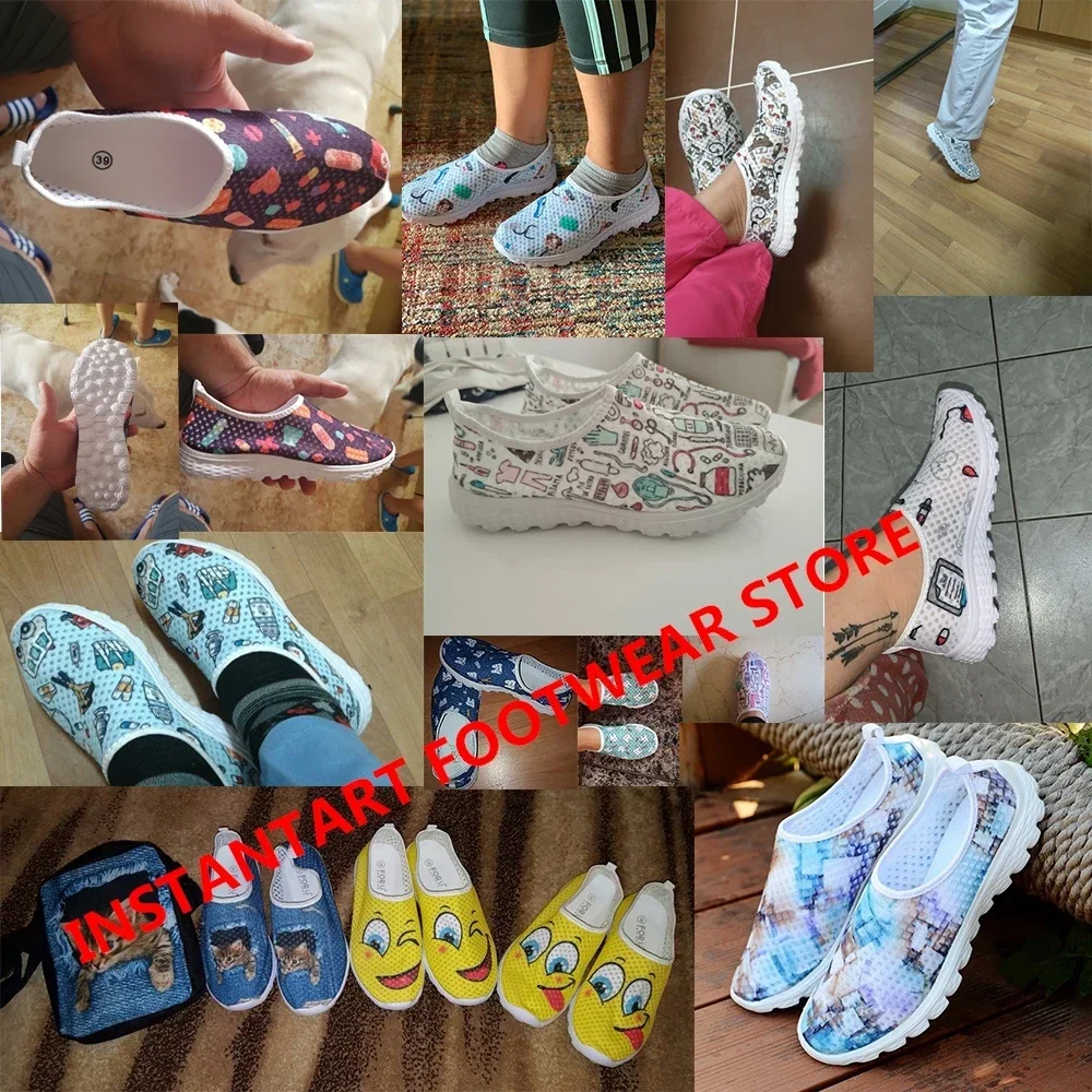 Women's Flats Nursing Shoes Cartoon Gradient Nurses Bear Print Mesh Breath Loafers Summer Beach Cute Female Footwear