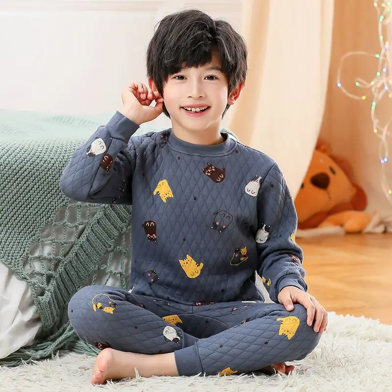 Cartoon Style Children Cotton Thermal Underwear Suit Threelayer Thick