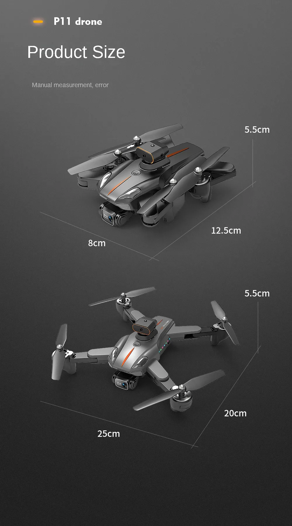 P11 Drone, p11 drone product size manual measurement; error 5.scm