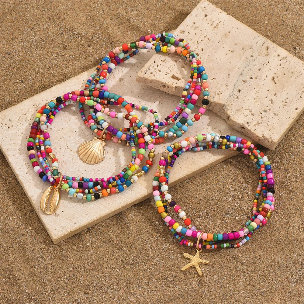 3pcs/Set Rainbow Beads Starfish Shell Anklets Sets For Women Bohemia Foot Chains Beach Jewelry Summer Ankle Bracelet Accessories
