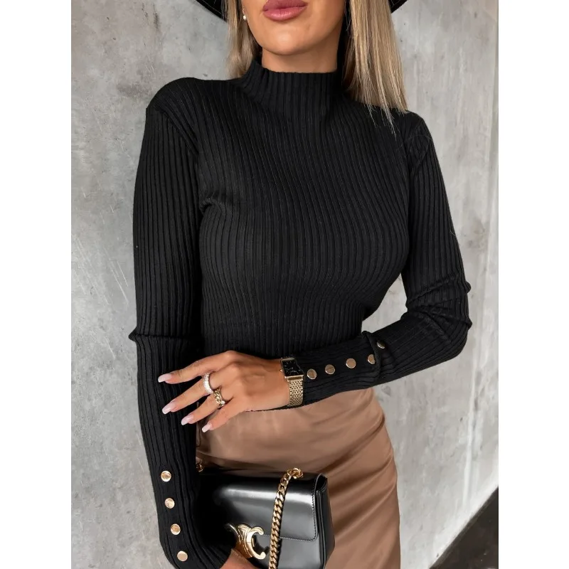 

Autumn Solid Pull Female Jumpers Fashion Casual Pullover Office-lady Thicken Turtleneck Soft Sweater Button Bottoming Tops 29134