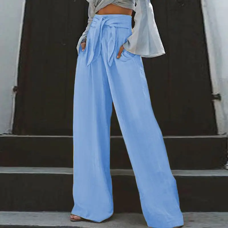 Women's Clothing Vintage Lace Up Cotton Linen Wide Leg Pants Female Fashion High Waist Straight Trousers Casual Loose Pantalones