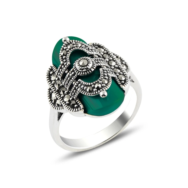 

Silver 925 Sterling Green Agate & Marcasite Ring
