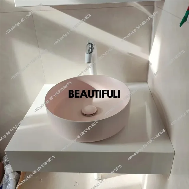 อ่างล้างหน้าแบบตั้งโต๊ะสีชมพูและสีขาว อ่างล้างหน้าแบบฝ้า อ่างล้างหน้าแบบด้าน อ่างล้างหน้าเดี่ยว อ่างล้างหน้าดีไซน์ศิลปะ อ่างล้างหน้าทรงกลม เซรามิก อ่างล้างหน้าสร้างสรรค์สำหรับบ้าน 3