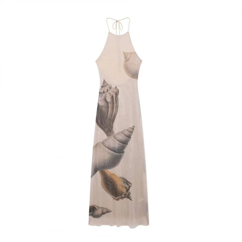 Women's Casual Halter Neck Maxi Dress with Seashell Print, Slightly Stretchy Slim Fit, Perfect for Beach and Travel Outings