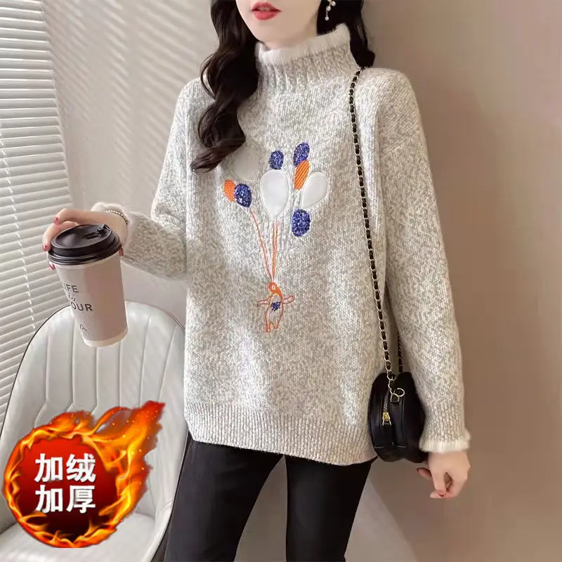 

Women Autumn Winter Korean New Fashion High Neck Chenille Jacquard Sweater Thickened Warm Pullovers Versatile Long Sleeved Top