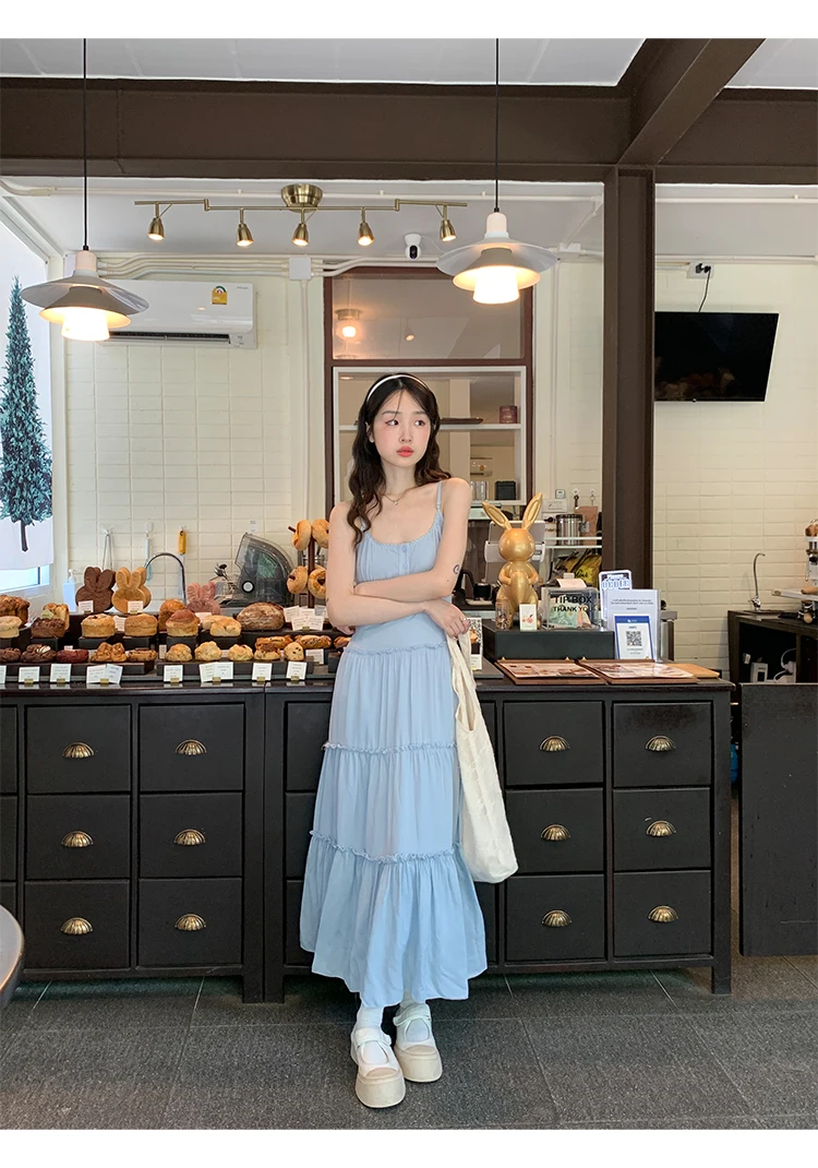 French Elegant Dresses for Women Solid Spaghetti Strap Summer New Ruffles A-line Casual Korean Chic Midi Vestidos Mujer