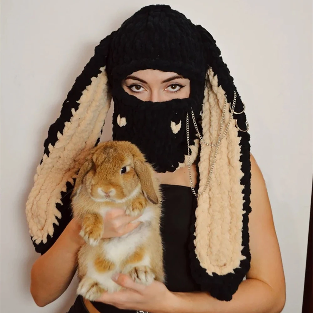 New Big Bunny Ears Cappello Lavorato A Maglia A Mano Addensato Cappello Di Velluto Caldo Maschera Cappuccio Dolce Cool Hot Girl Winter Fashion Street 
