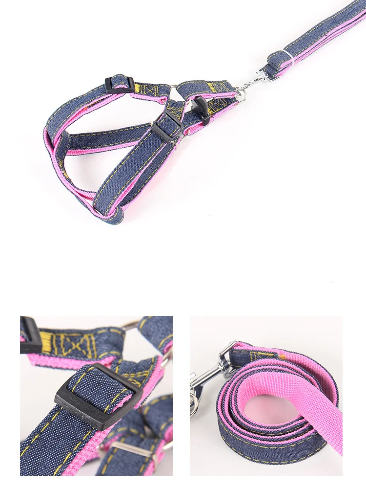 Durable Denim Dog Harness And Leash Vest Set For Pet Walking_voghion.com