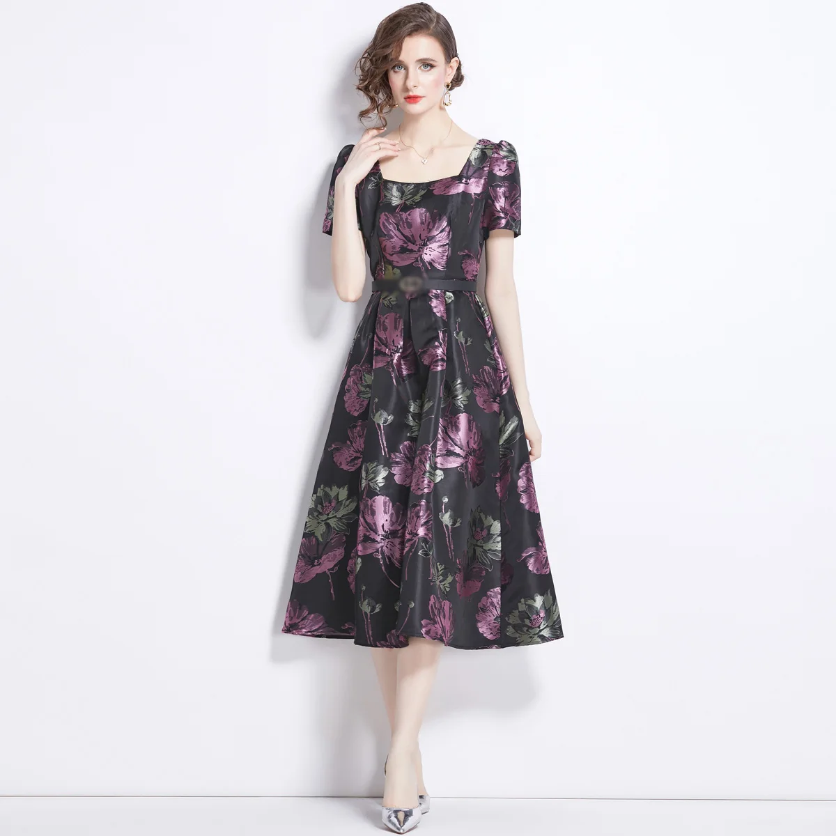 

Runway Designer Floral Print Vintage Jacquard Dresses Women Summer Clothes 2024 Fashion Square Collar Midi Aline Party Dress