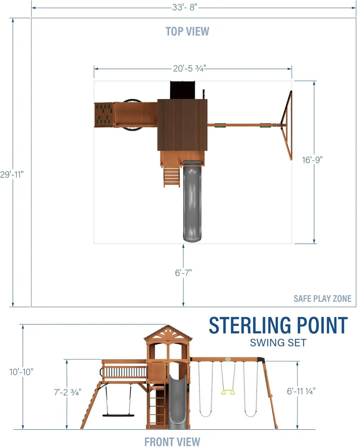 Sterling Point Cedar Wood Swing Set with Wave Slide, Raised Clubhouse, Wooden Bridge, Rock Wall, Belt Swings, Web Swing, Trapeze